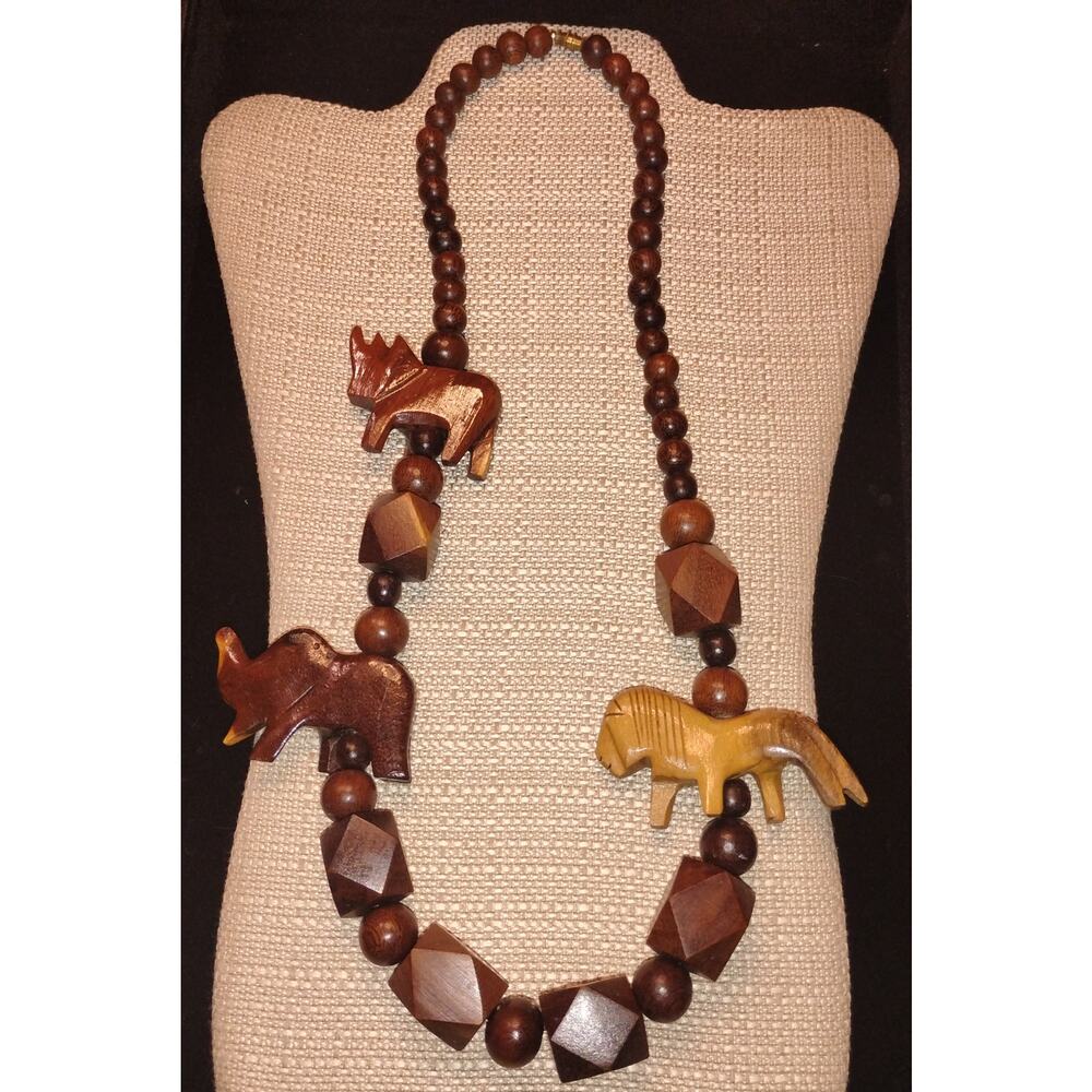 Vtg Statement Wooden Animal Bead Necklace – Boho / Tribal Style